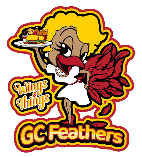 Cartoon mascot for "gc feathers wings & things" holding a serving platter with food.