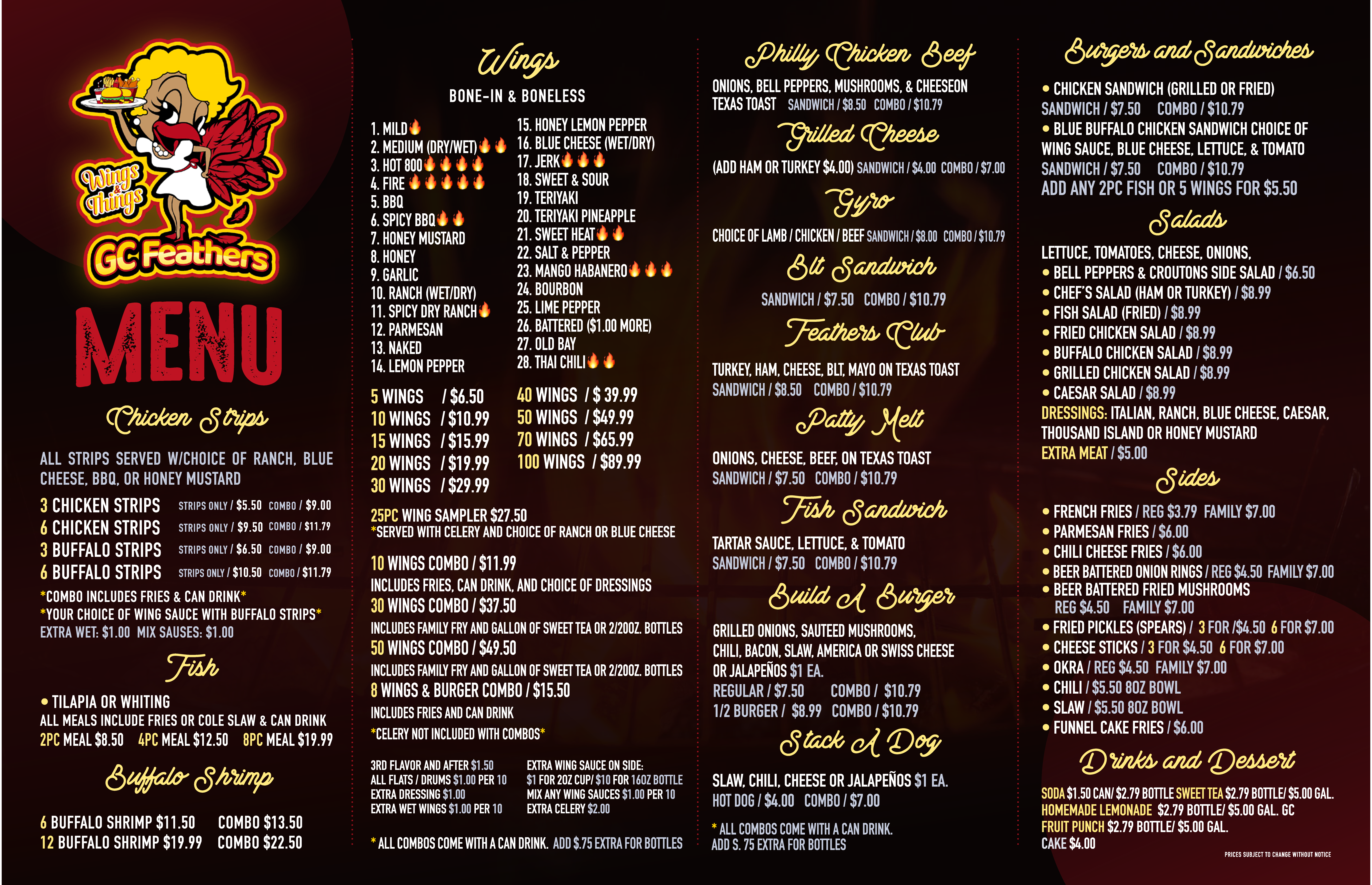 Menu for gcf (golden chicken feathers) featuring a variety of wings, sandwiches, burgers, and side dishes with prices.