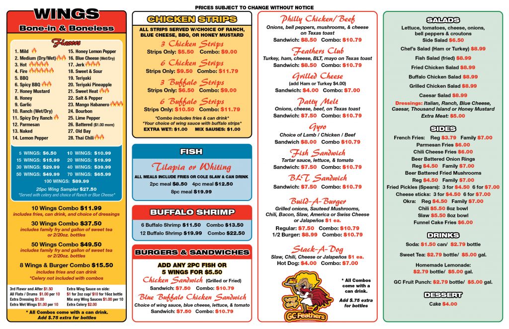 Menu board displaying various food options including wings, chicken strips, fish, burgers, and salads, with prices and combo meal details.