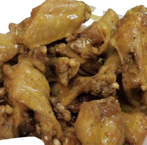 A pile of golden-brown chicken wings.