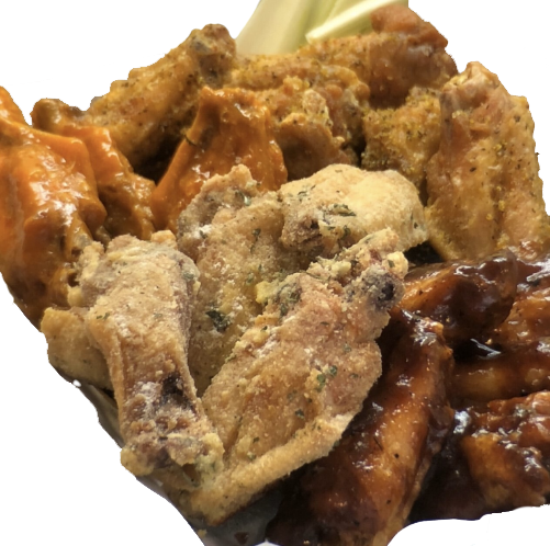 Variety of seasoned chicken wings with different sauces.