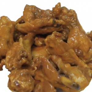 A pile of buffalo chicken wings with sauce.
