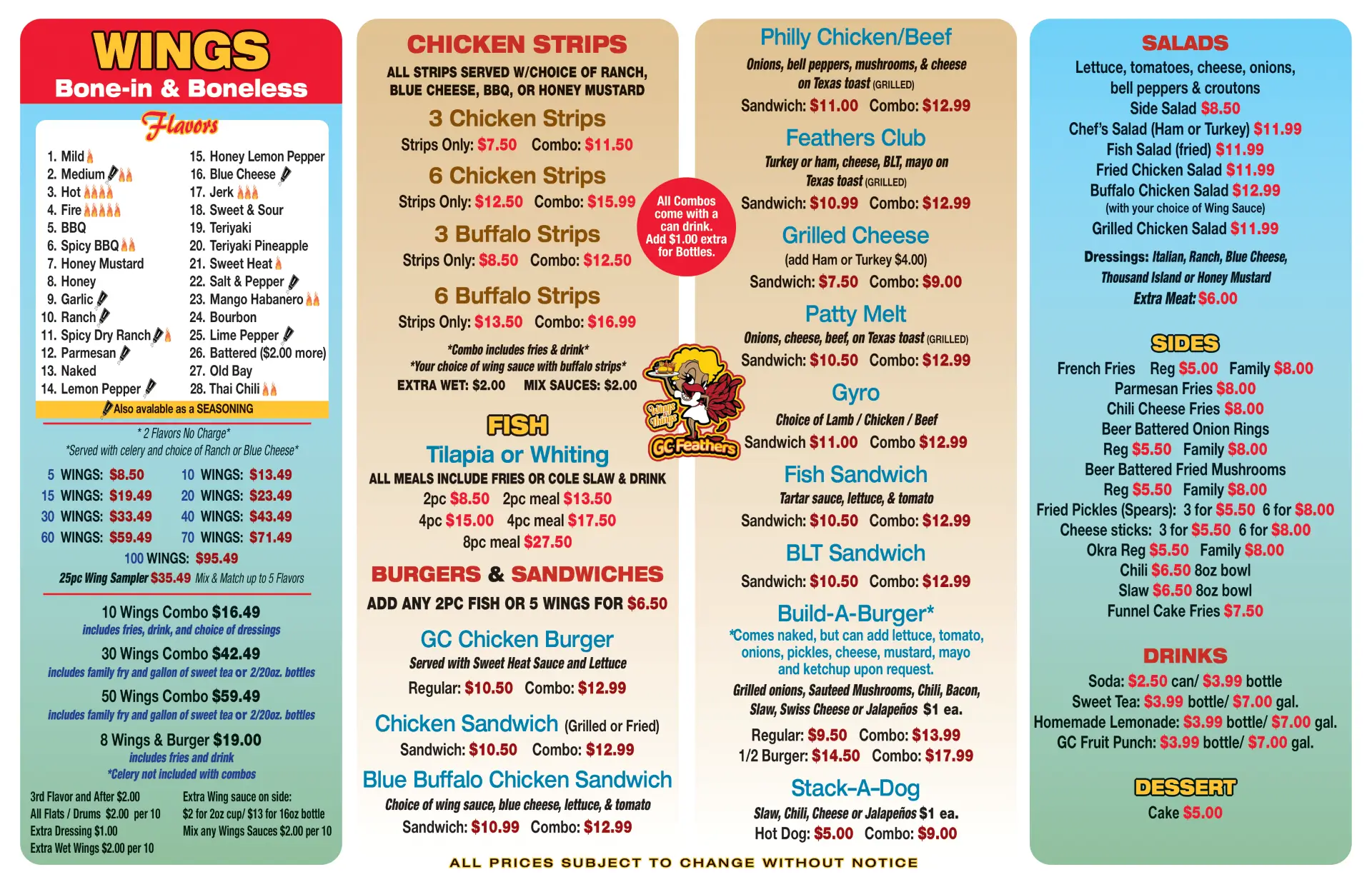 The menu of wings bone in and boneless by gc feathers