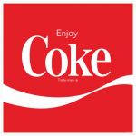 Red background with white text and a ribbon design reading "enjoy coke," a coca-cola advertising slogan.